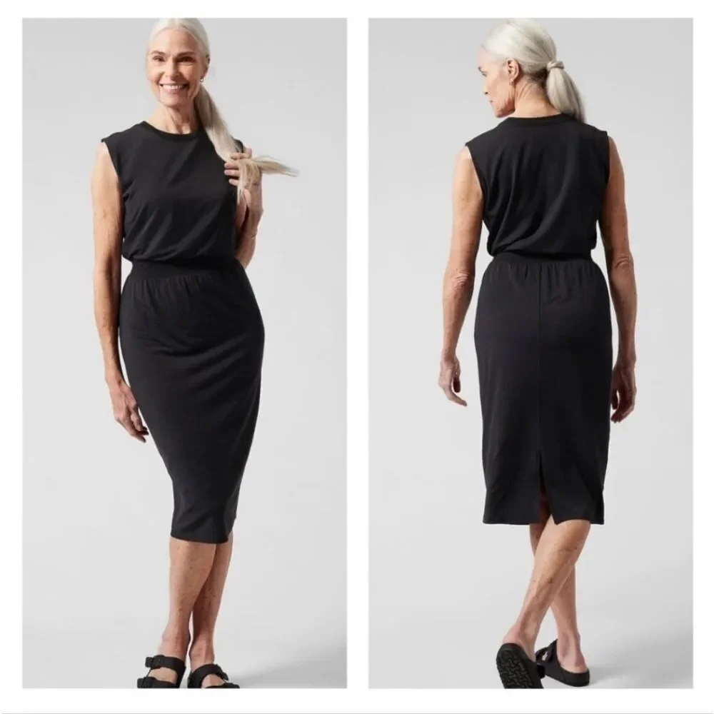 Athleta Santorini Cinch Dress Sleeveless Black Size M